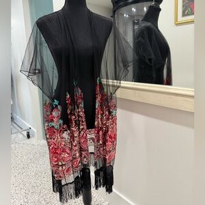 Black Sheer Kimono with multi color Embroidery